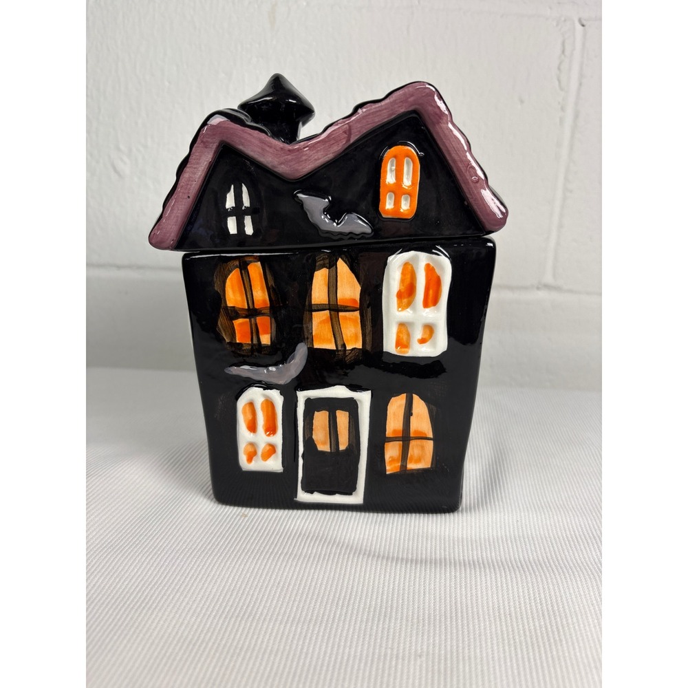 Way to Celebrate Halloween Haunted House Cookie Jar Ceramic Ghost Bat Black